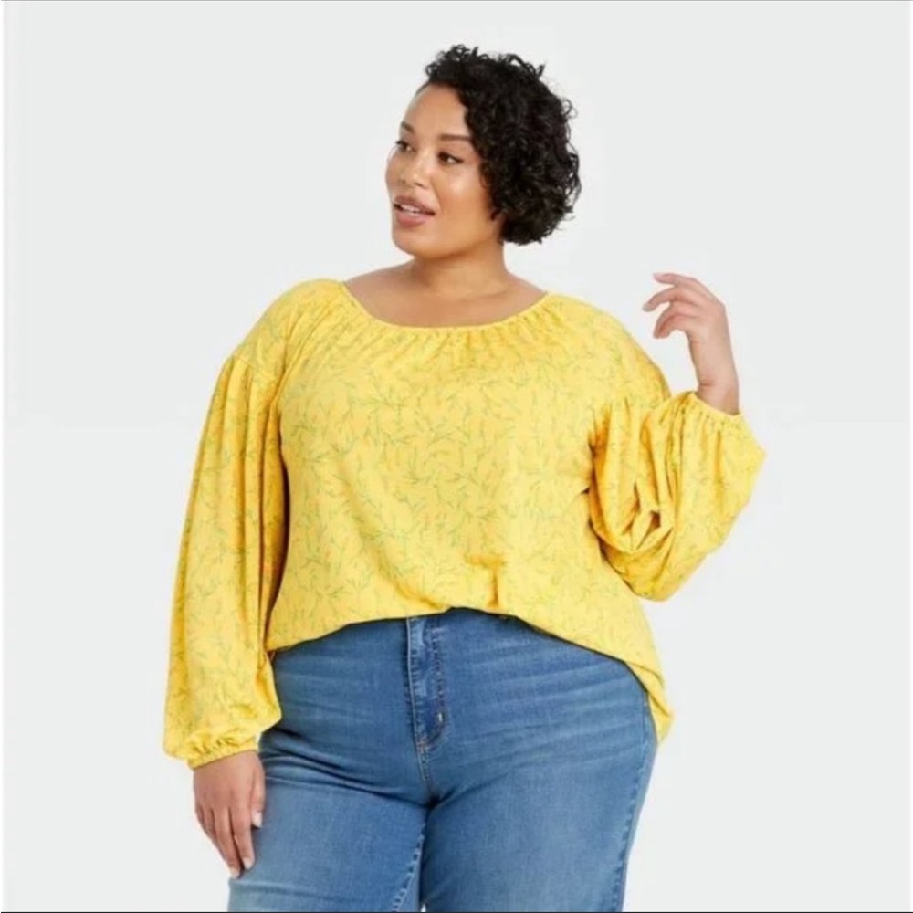 NWOT Ava & Viv Yellow Floral Print Long Sleeve Blouse
